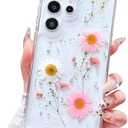 Lewrtser Compatible with Samsung Galaxy S23 Ultra Case Cute Pressed Dried Real Flowers Design Women Girly Shockproof Glitter Floral Clear Phone Cover S23 Ultra (Pink Flower)