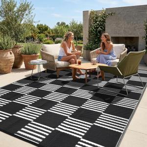 Garvee Waterproof Outdoor Rug 8x10, Checkered Foldable Plastic Straw Patio Camping Rug, Outdoor RV Carpet for Deck Camper Porch Balcony Backyard Picnic Beach Black and White