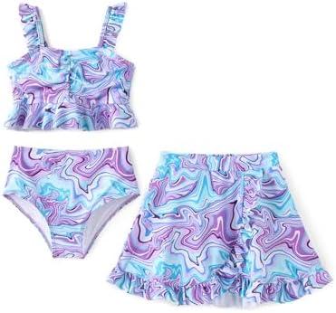 PATPAT Girl's Swimsuits 3 Piece Floral Print Ruffled Bikini Sets Bathing Suit with Cover Up Beach Skirt Summer Beachwear 5-6 y