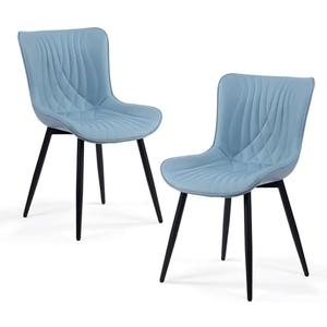 Kidol&Shellder Blue Dining Chairs Set of 2,Faux Leather Upholstered Mid Century Modern Kitchen&Dining Room Chair with Back,Ergonomic Armless Vanity&Living Room Chair with Metal Legs