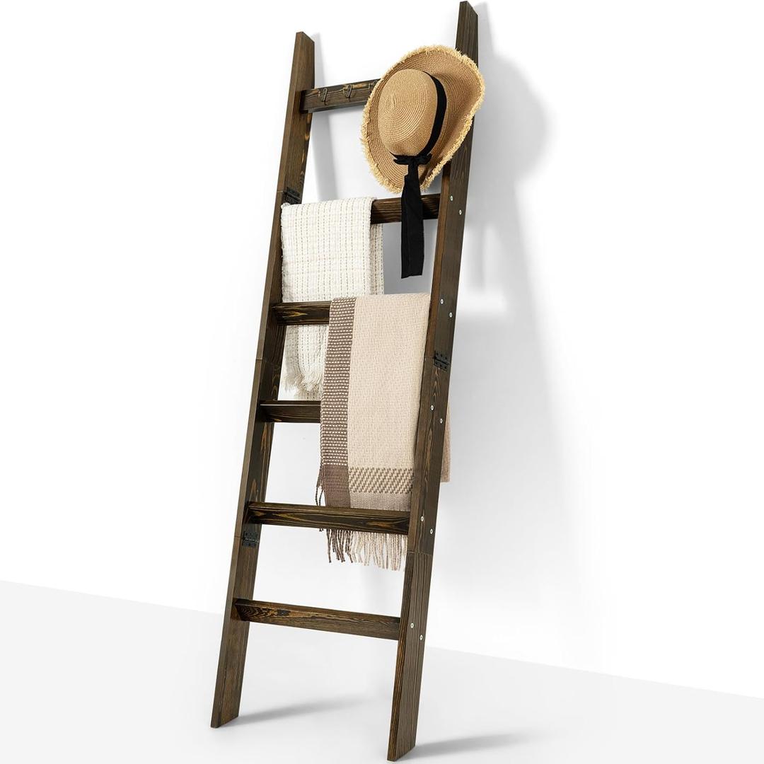 TEAKMAMA 6-Tier Blanket Ladder for Living Room and Bedroom,5.4 Ft Wall Leaning Quilt Rack with Hooks, Rustic Decorative Farmhouse Blanket Storage, Ladder Holder, Christmas Decorations, Rustic Brown