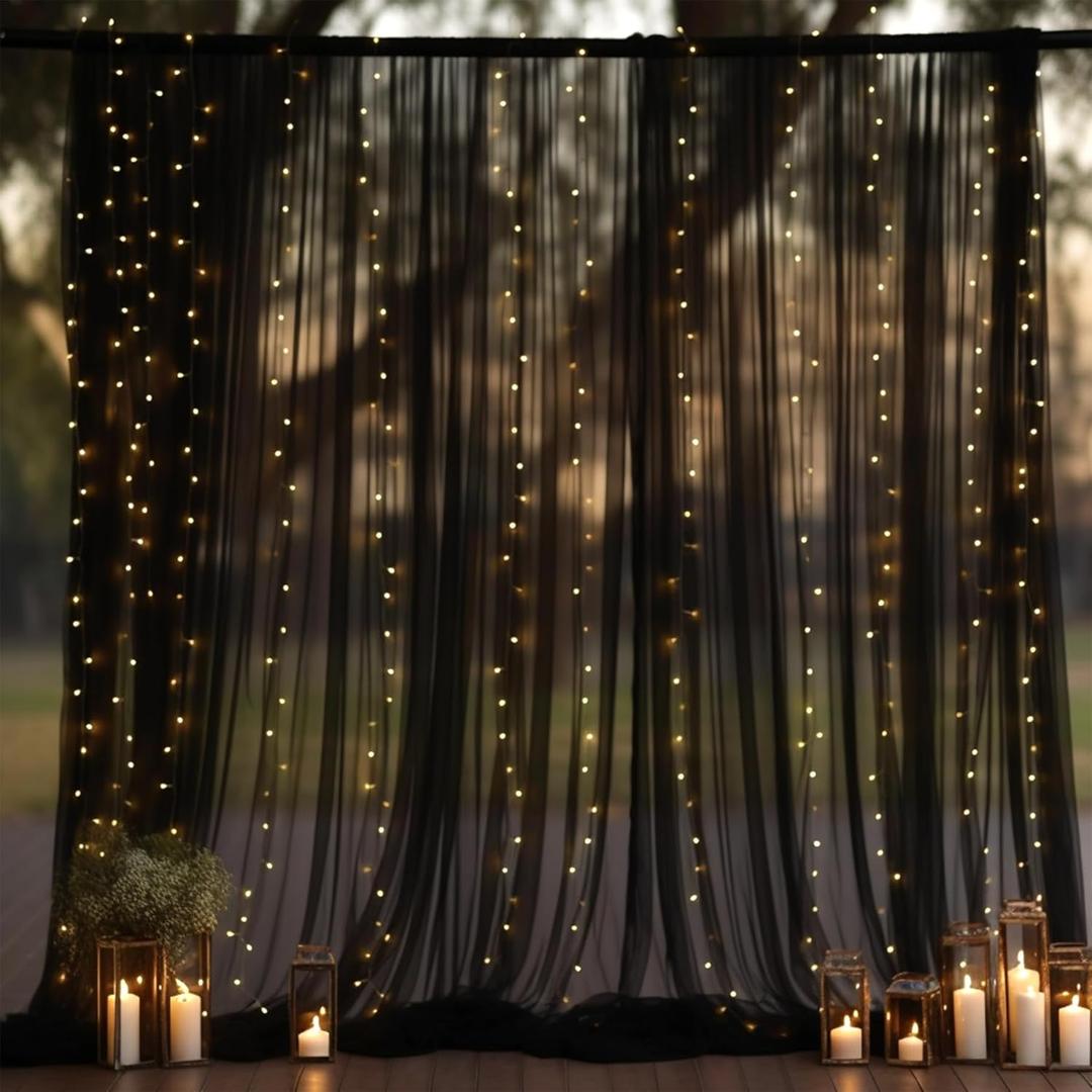 10x10ft Black Tulle Backdrop Curtain with Lights String for Parites, Sheer Photo Backdrop Curtains for Wedding Baby Shower Birthday Party Photo Shoot Decorations (10ft x 10ft(2 Panels 5*10ft))