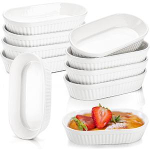 Foraineam 10 Pack White Ramekins, Porcelain Souffle Dishes, Oval Crème Brulée Ramekins for Baking, 6 Ounce Dessert Bowls Set for Soufflé, Pudding, Quiche, Snack, Custard, Dishwasher and Oven Safe