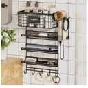 Magheo Hair Dryer Holder Wall Mounted, Adheisve Hair Styling Tool Organizer for hair Brush/Appliance Wall Mount with 5 Tier Shelf Basket Hooks Blow Dryer and Straightener Holder for Bathroom(Black)