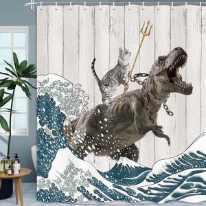 Boziqr Funny Cat Shower Curtain, Cool Cat Dinosaur Japanese Ocean Wave Decor Fabric Bathroom Curtains, Kids Children Rustic Wooden Farmhouse Shower Curtain, 70X70 Inches (Grey)