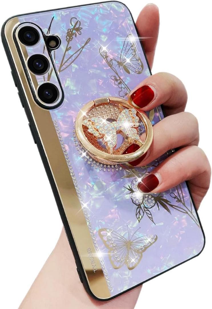 Samsung Galaxy A15 Kickstand Case, Cute Marble Glitter Bling Shiny Diamond 3D Butterfly with Ring Stand Shockproof Girly Women Phone Case