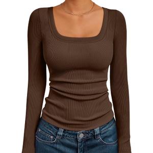 AUTOMET Womens Ribbed Square Neck Top, Long Sleeve Slim Fit Basic Shirt for Fall Winter Spring, Casual Crop Tee (X-Large, Brown)