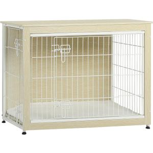 DWANTON Dog Crate Furniture with Cushion, Wooden Kennel Table with Double Doors, Indoor Dog House, Large Size, 38.5" L, White Oak