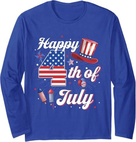 Happy 4th Of July Patriotic American Flag USA Men Women Kids Long Sleeve T-Shirt (Small, Blue)