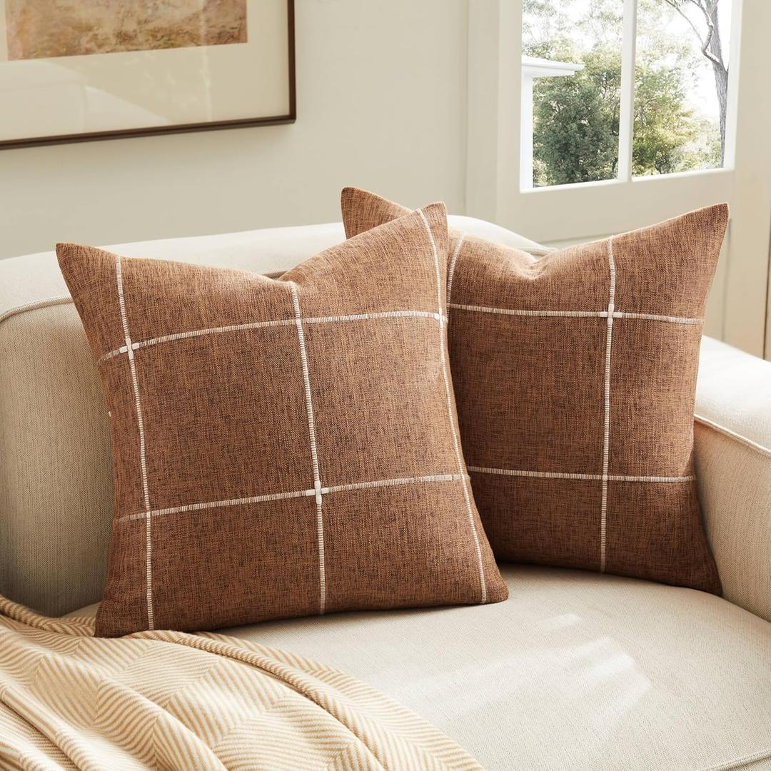 2 Packs Grid Embroidery Throw Pillow Covers, 18x18 Inch Caramel, Farmhouse Linen Decorative Caramel Cushion Covers for Sofa Bed Living Room Home Decor