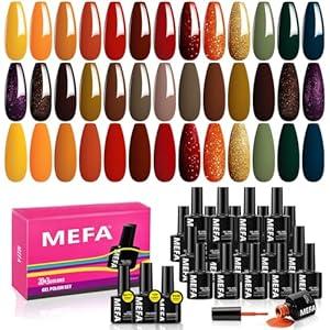 MEFA 23 Pcs Fall Gel Nail Polish Kit - 20 Colors Winter Gold Orange Yellow Glitter Soak Off Nail Polish Brown Gel Nail Polish Set with Glossy & Matte Gel Top Base Coat Nail Art Manicure DIY Salon Gift