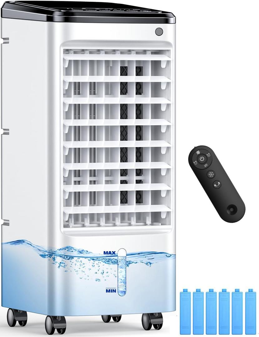 Evaporative Air Cooler, Swamp Cooler Air Conditioner w/ 12H Timer for Auto-off, 6 Upgraded Ice Packs, 3-Speed Windowless Air Conditioner, Smart Remote, Dual Tank Portable Air Cooler for Room