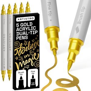 ARTISTRO 5 Gold Acrylic Paint Markers - Paint Pens for Drawing, Brush + Fine Tips - For Fabric, Rock, Glass, Wood, DIY - Art & Craft Supplies for Adults, Teens, Kids - Teacher Appreciation Gift