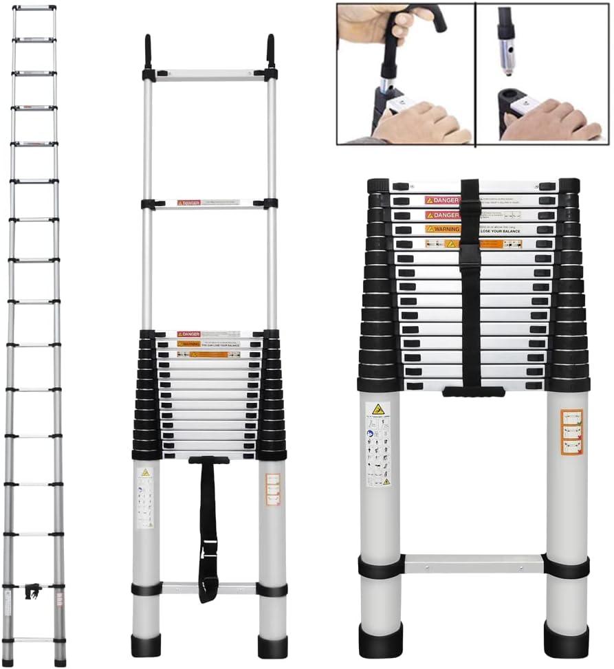 Aluminum Telescoping Ladder - 20FT Portable, Collapsible, Extension Ladder with Roof Hooks, 330lb Capacity