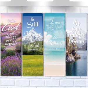 Hosuly 4 Pcs Church Banners with Scripture Church Sanctuary Wall Worship Bible Verses Exquisite Banner Scenic Pattern Welcome Inspirational Religious Praise Hanging Signs (Multicolor)