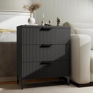 Wood Night Stand Fluted for Bedroom 3 Drawers End Tables Nightstand, Storage Modern Side Table Natural Black Bedside Table, 29.53 inches x 25.6 inches x 13.78 inches