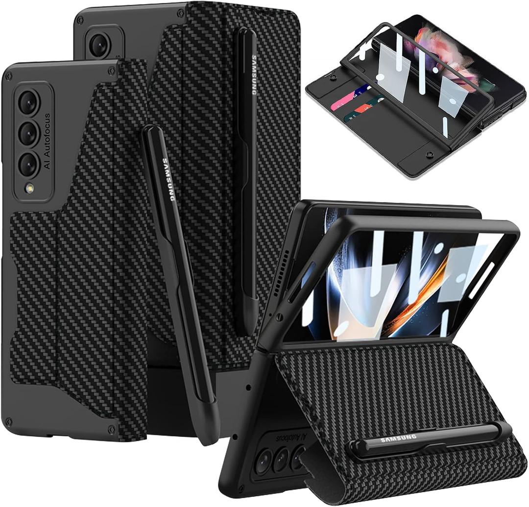 DEMCERT for Samsung Galaxy Z Fold4 5G with S Pen Slot, Military Armor Cases Full Body Protective Anti-Scratch Hard Slim Leather Bracket Case with Screen Protector for Galaxy Z Fold 4(Carbon Fibre)