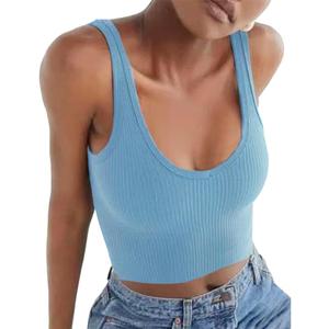 Artfish Women's Sleeveless Shirt Ribbed Fitted Scoop Neck Basic Crop Tank Top Cropped (Large, 02#light Blue)