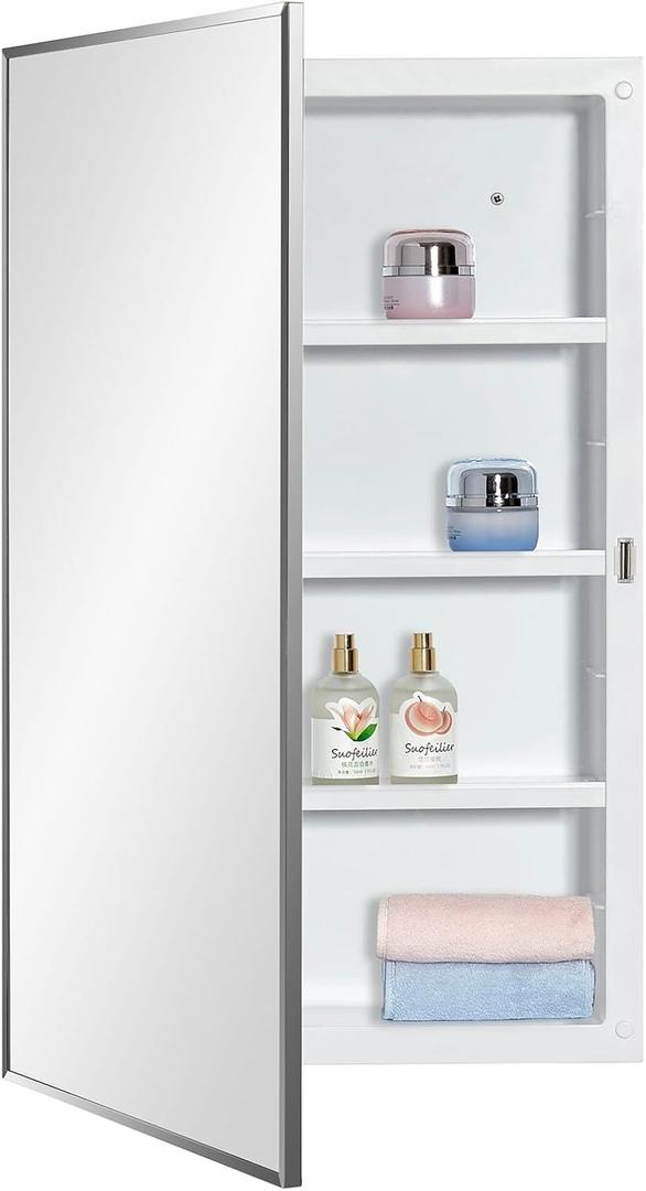 IDYLLOR Plastic Medicine Mirror Cabinet for Bathroom, Surface and Recessed Mount, 16x26inch Framed Mirror