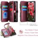 Defencase Compatible with iPhone 16 Case Wallet with RFID Blocking Card Holder for Women and Men, Fashion PU Leather Magnetic Snap Flip Zipper Strap Wallet Phone Case for iPhone 16 6.1", Wine Red