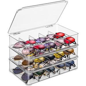 Sunglasses Organizer, Acrylic Sunglasses Storage 3 Layers, Clear Stackable Glasses Storage Organizer with Lid, Eyeglass Storage for Multiple Glasses, Reading Glasses