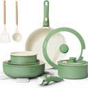 Ceramic Nonstick Cookware Set, Healthy,Non Toxic,17-Pieces Pots and Pans Set Removable Handles,Induction RV Kitchen Set,Stain & Scratch-resistant,Dishwasher/Oven Safe,PFAS/PFOA Free,Green