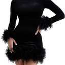 Owl's-Yard Women Long Sleeve Feather Trim Bodycon Dress Sexy Crew Neck Feather Patchwork Velvet Mini Dress Cocktail Party, L