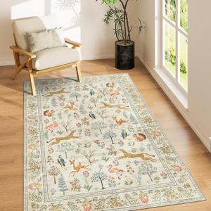 DUKINO 3x5 Rug, Washable Animal Area Rug with Non Slip Vintage Design, Indoor Soft Low Pile Carpet for Bedroom, Nursery, Dining Room, Farmhouse, Playroom, White