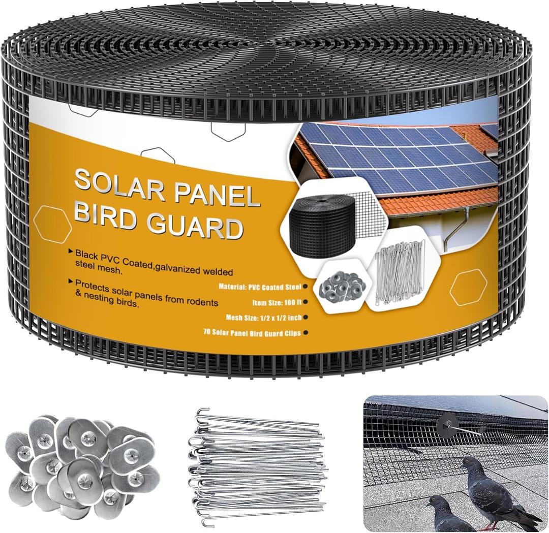 Solar Panel Bird Guard,8in x 100ft Critter Guard Galvanized PVC Coated Mesh Roll Kit,Black Pigeon Solar Panel Mesh with 70 Fastener Clips,  inch Wire Critter Guard for Solar Panels