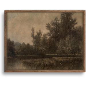 YSDPIC Vintage Forest Landscape Wall Art with Dark Wood Frame 16x24 Inch Rustic Tree and Lake Painting, Curated Canvas Picture for Living Room, Study, Farmhouse, or Gift for Nature Lovers