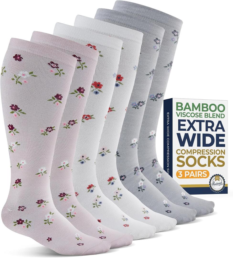 Pembrook 3 Pairs Plus Size Compression Socks Wide Calf - Bamboo Viscose Compression Socks for Women Wide Calf (XXL)