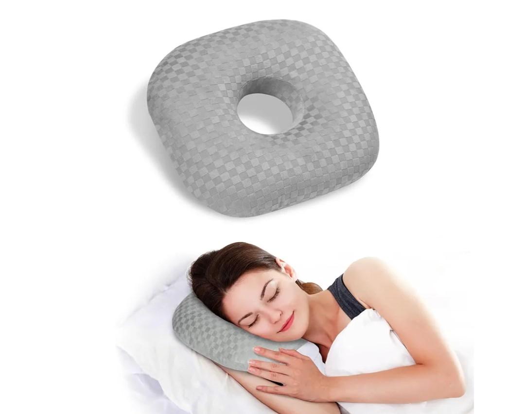 Ear Piercing Pillow for Side Sleepers - Ear Hole Pillow for Pierced Ears, CNH & Pain Relief, O-Shaped Orthopedic Pillow for Pressure Sores, Soft Cotton (Gray)