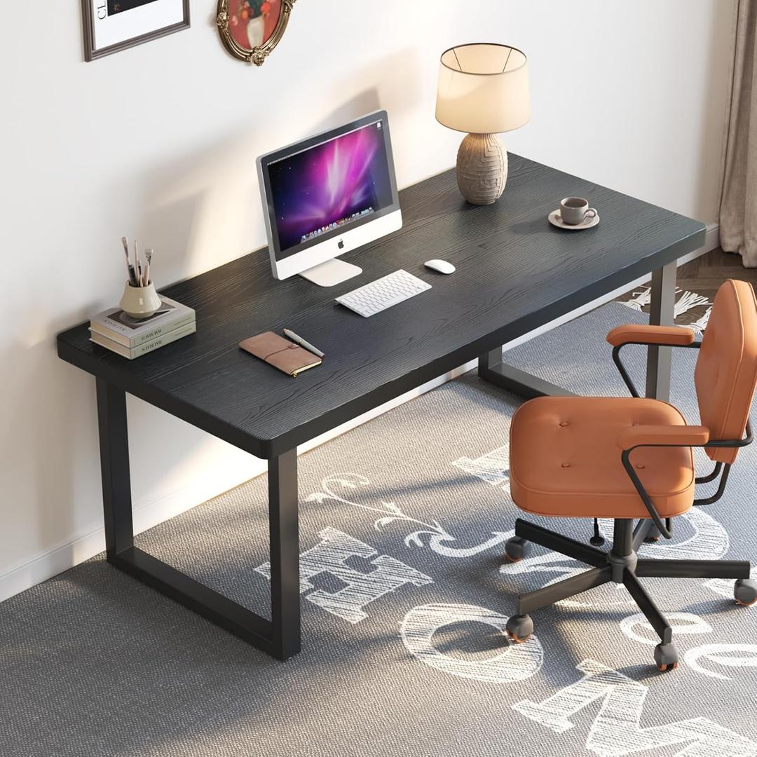 47 Inch Black Solid Wood Computer Desk | Sturdy Metal Base | Modern Home Office Desk | Durable Study Writing Table for Workspace