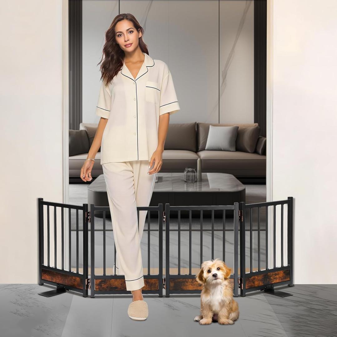 Freestanding Short Dog Gate, 16" Tall Pet Gate Indoor with Support Feet Easily Step Over, 4 Panel Metal Wood Foldable Pet Dog Gate, Up to 48" Wide Puppy Fence, Puppy Gate for for Doorway&Hallway Black