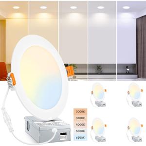 BesLowe 4 Packs 6 Inch 5CCT LED Recessed Ceiling Lights Ultra-Thin with Junction Box, 12W 150W Eqv, 3000K/3500K/4000K/5000K/6500K, 1200LM Dimmable Canless Downlights for Kitchen Hallway Dining Room