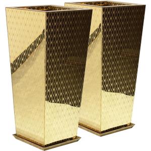 Luxury Stainless Steel Golden Taper Tall Planter Box Set of 2 | Vase with Mirror Etching 24H, Top 11 in,Bottom 8 in,Decrative Pot Indoor/Outdoor for Patio,Office,Tall Plants,Trees,Flowers