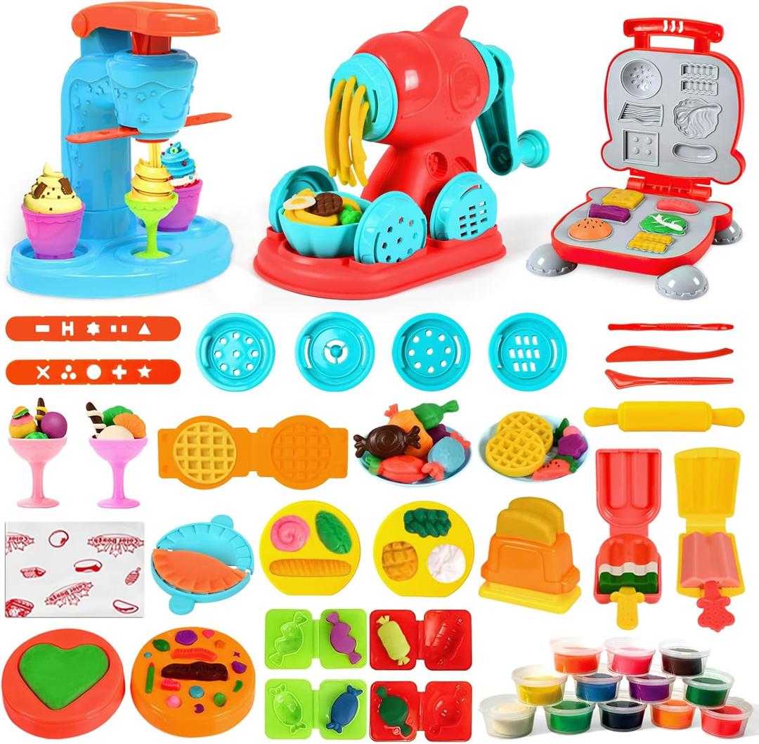 Aprilwolf 59 PCS 3 in 1 Dough Sets for Kids Ages 3-4-8, Art Crafts Dough Tools Kit, Ice Cream Playset Noodle Hamburger Maker Machine, Kitchen Creations Food Play Toys Toddlers Boys Girls
