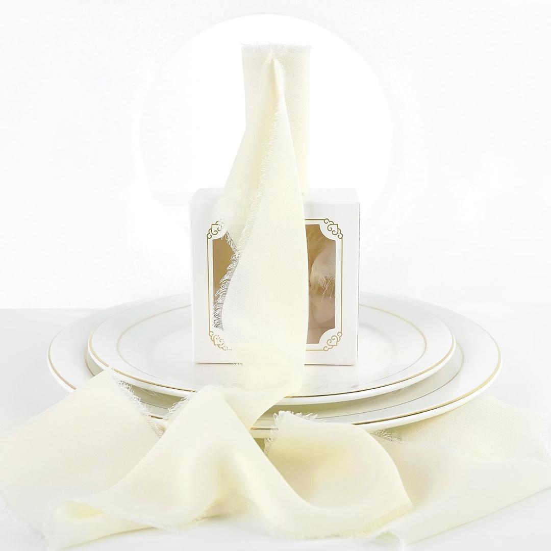 MEEDEE Ivory Chiffon Ribbon 3 Inch Frayed Ribbon Cream Chiffon Silk Ribbons Frayed Edge Wide Chiffon Ribbons for Crafts, Flower Bouquet, Wedding Favors Wrapping (2 Rolls 10 Yards)