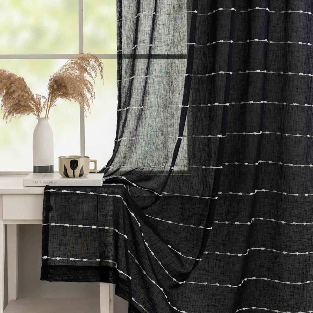 Black Sheer Curtains 84 inches Long for Living Room Boho Faux Linen Curtains with White Striped Rod Pocket Minimalist Transparent Drapes for Bedroom Kitchen Sliding Door, 52" W X 84" L,2 Panels