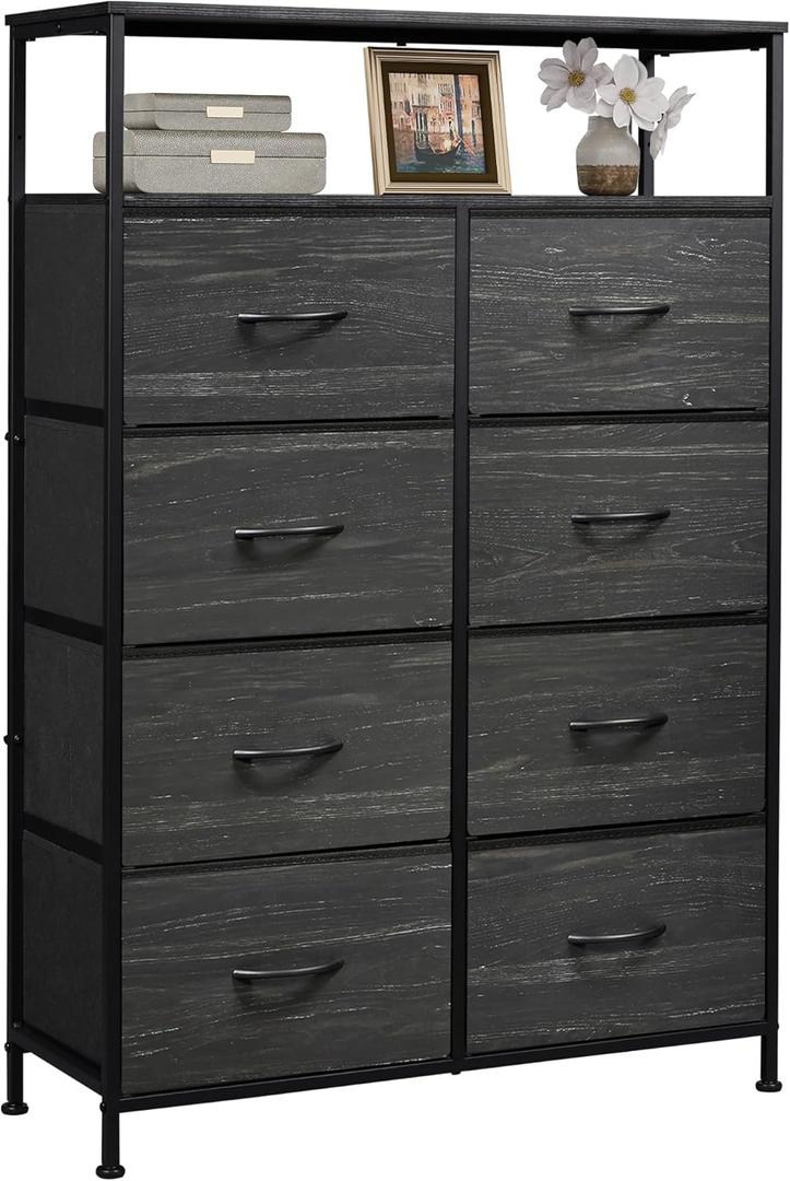 WLIVE Fabric Dresser for Bedroom with Open Shelves, Tall Dresser with 8 Drawers, Storage Tower with Fabric Bins, Chest of Drawers for Closet, Living Room, Hallway, Charcoal Black Wood Grain Print