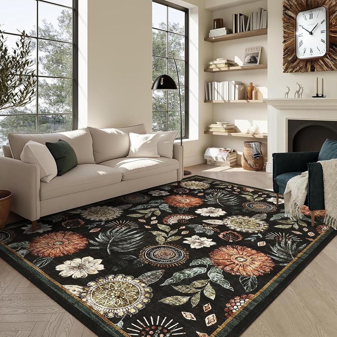 GarveeHome 8x10 Floral Washable Area Rug: Large Living Room Area Rug with Non-Slip Backing Washable Ultra Soft Bedroom Floral Carpet Indoor Stain Resistant Carpet for Dining Room 8 * 10 ft Black GarveeHome 8x10 Floral Washable Area Rug: Large Living Room Area Rug with Non-Slip Backing Washable Ultra Soft Bedroom Floral Carpet Indoor Stain Resistant Carpet for Dining Room 8 * 10 ft Black