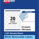 Avery Matte White Removable Round Labels, Sure Feed Technology, Print-to-The-Edge, 1.5" Diameter, 500 Removable Labels, Laser/Inkjet Printable