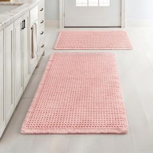 MIULEE Set of 2 Waffle Bathroom Rugs, Boho Bath Rugs Non Slip Washable, Super Absorbent Bath Mats, Ultra Soft Rubber Backed Shower Mats for Bathroom Floor, Tub, Pink, 17"x24"+18"x30"