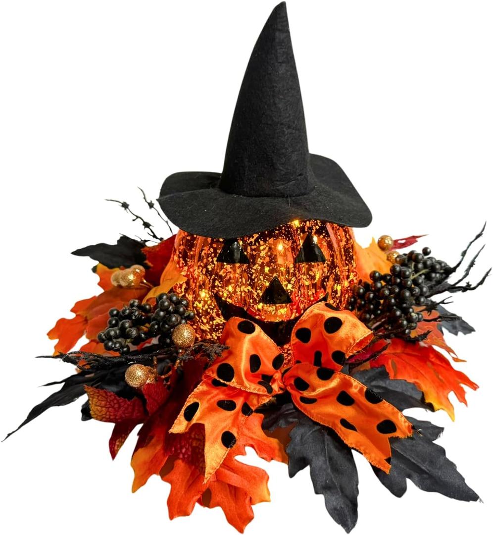 Lighted Harvest Pumpkin Table Decoration Indoor Outdoor Table Centerpiece with Maple Leaves Black Berries and Witch Hat for Fall Table Centerpieces Thanksgiving Halloween Decor
