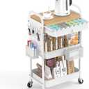 ALVOROG Rolling Cart with Drawer and Wood Table Top, 3 Tier Metal Rolling Utility Cart on Wheels with DIY Pegboards, Hanging Baskets, Hooks for Kitchen, Bedroom, Office, Craft Supplies (White)