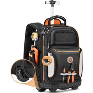 Backpack Tool Bag with Wheel, Rolling Tool Backpack for Electrician Heavy Duty Roller Tool Bag on Wheel for Construction Work, 75 Pockets & Loops Tool Backpack with Molded Base and Combination Lock