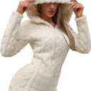 WDIRARA Women's Flannel Zip Up Hooded Romper Fleece Fuzzy Long Sleeve Warm Jumpsuit Shorts (X-Large, Beige)