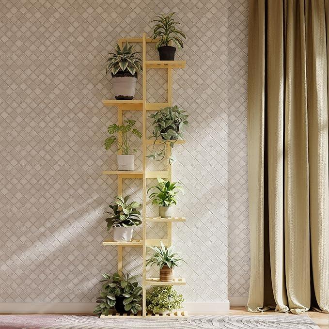 Solatmos Bamboo Plant Stand With Grow Lights Indoor Plants Outdoor Corner Plant Shelf Flower Stands for Living Room Patio Garden Corner Balcony (Wood, 8 Tier)