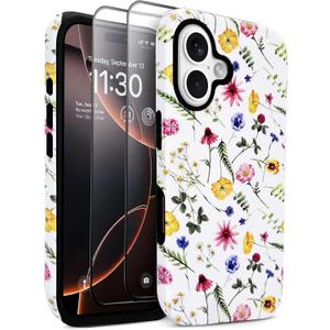 J.west Compatible with iPhone 16 Case 6.1 inch with 2 Pack Tempered Glass Screen Protectors Cute Floral Flowers Hybrid Cover for Girls Women Aesthetic Protective Phone Cases Wildflowers