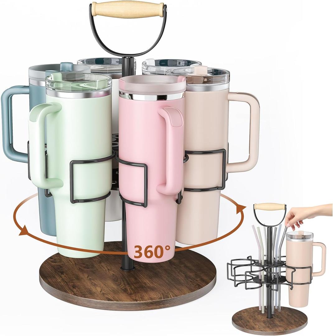 Stanley 40 oz Cup Organizer with Handle, Rotating Tumbler Holder, Water Bottle Storage Rack for Kitchen Organization, Easy to Carry, Easy Access to Cups, Non-Slip Pad Included (Black) (16.5"L-1Pcs)
